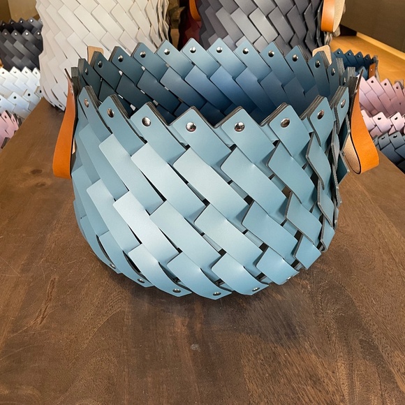 Medium Braided Leather Basket With Handles Teal Blue